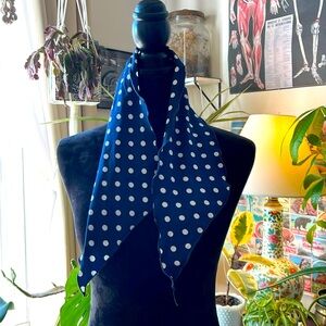 Vintage polyester hair or neck scarf, blue with white polka dots. 29 x 6 inches.